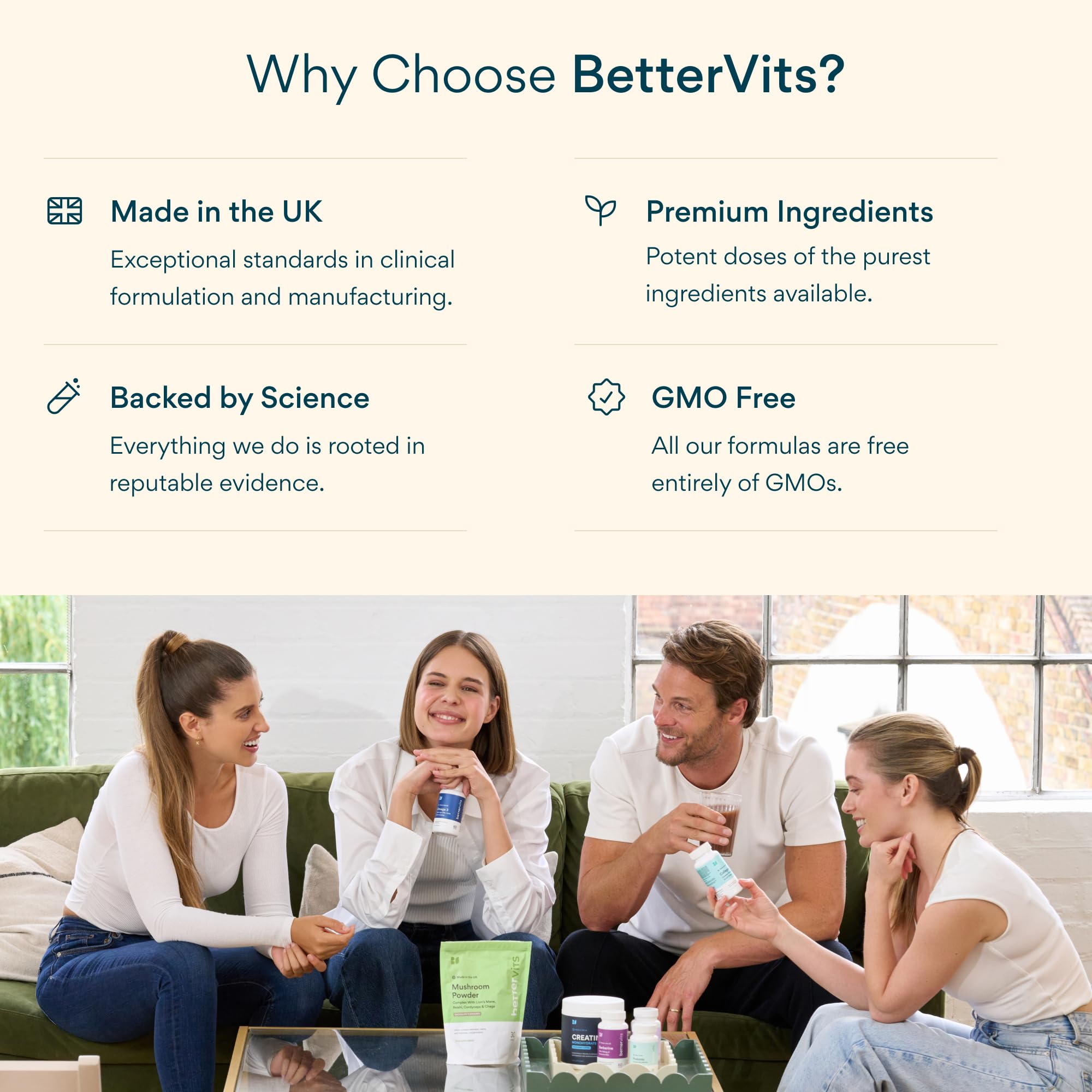 Bettervits vegan non-GMO label communicates clean, plant-based gut health support.