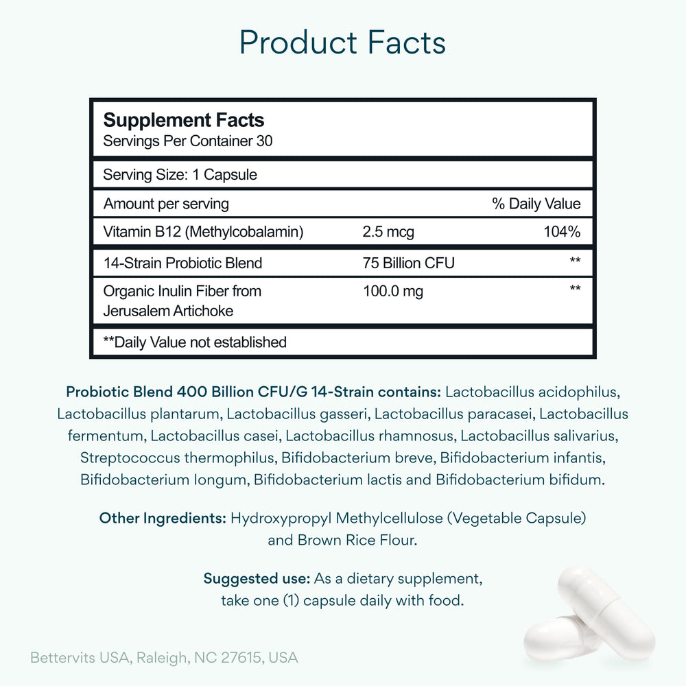 Bettervits Probiotics packaging showing vegan, non-GMO formula