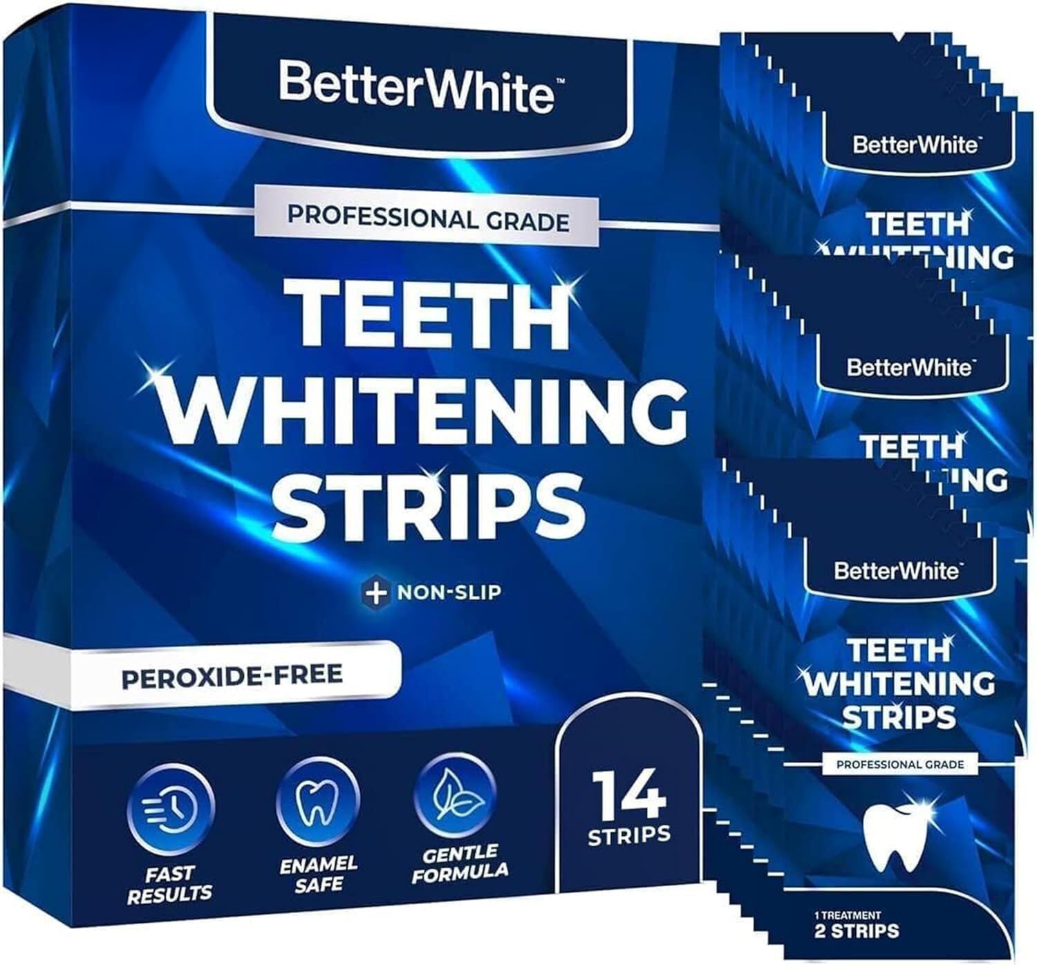 Front view of BetterWhite whitening strips kit with 14 strips