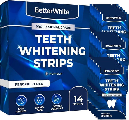 Front view of BetterWhite whitening strips kit with 14 strips