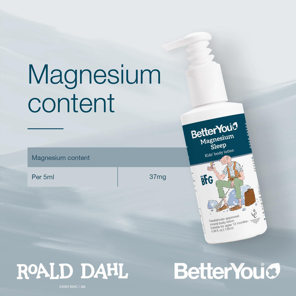 Close-up of BetterYou Magnesium Sleep Kids' Body Lotion bottle