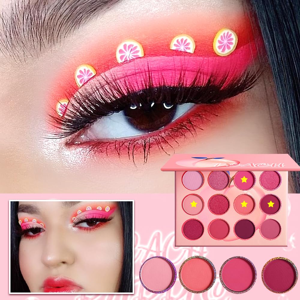 BEUSELF 12-color peach palette: matte and shimmer for versatile eye looks.
