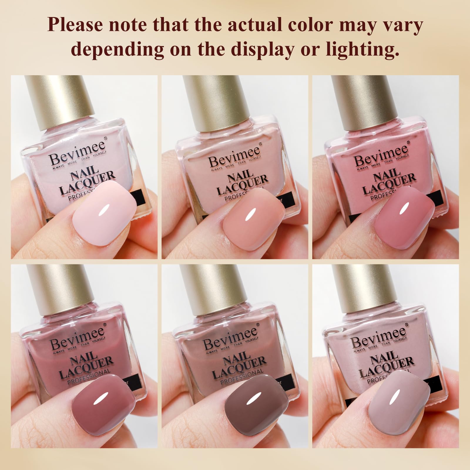 Bevimee nail polish bottle close-up with a glossy finish and smooth brush stroke.