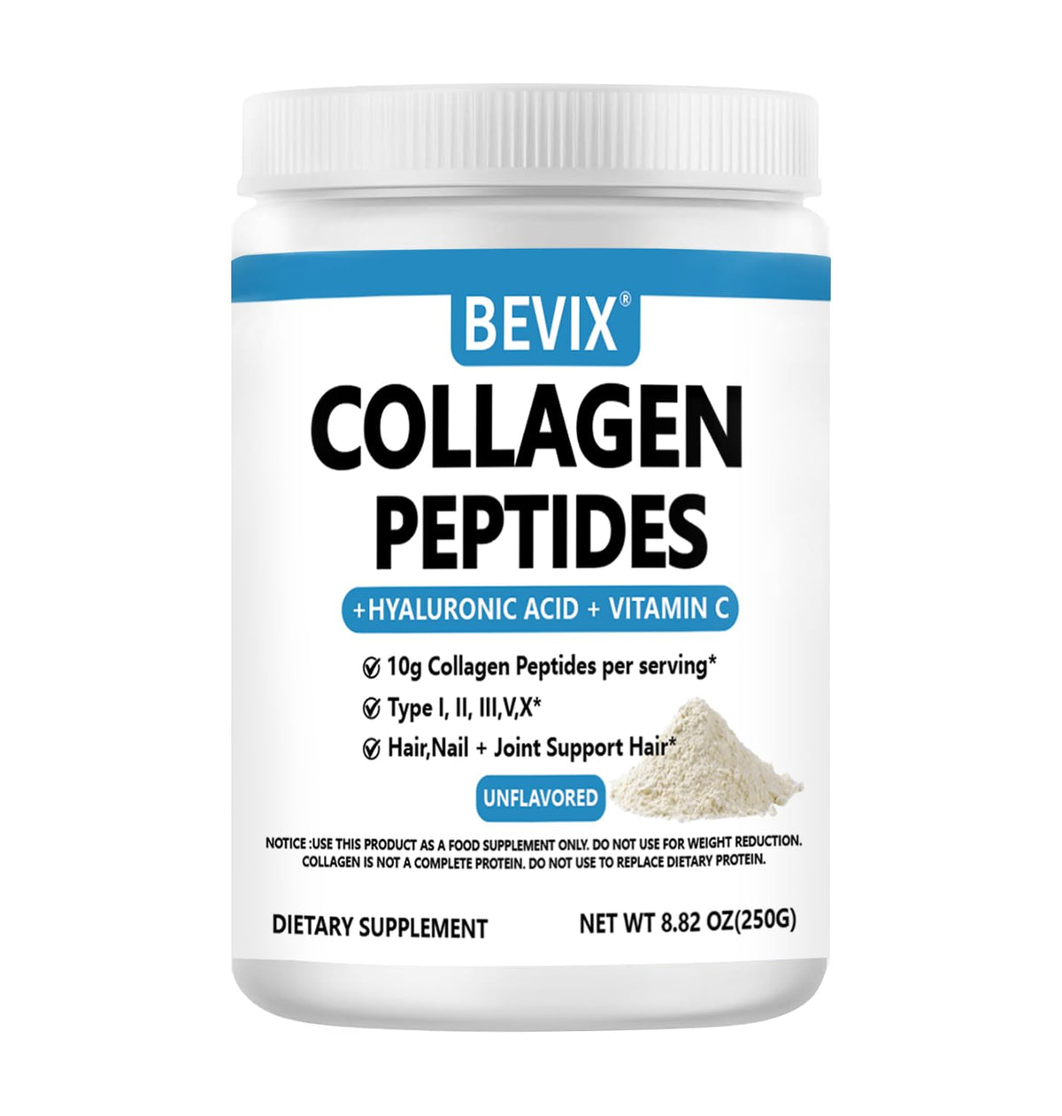 Front view of BEVIX Collagen Peptides Powder Advanced I-X 8.82oz unflavored