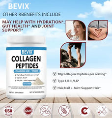 Close-up of BEVIX collagen ingredients including hydrolyzed peptides I-V-X, Vitamin C, and Hyaluronic Acid