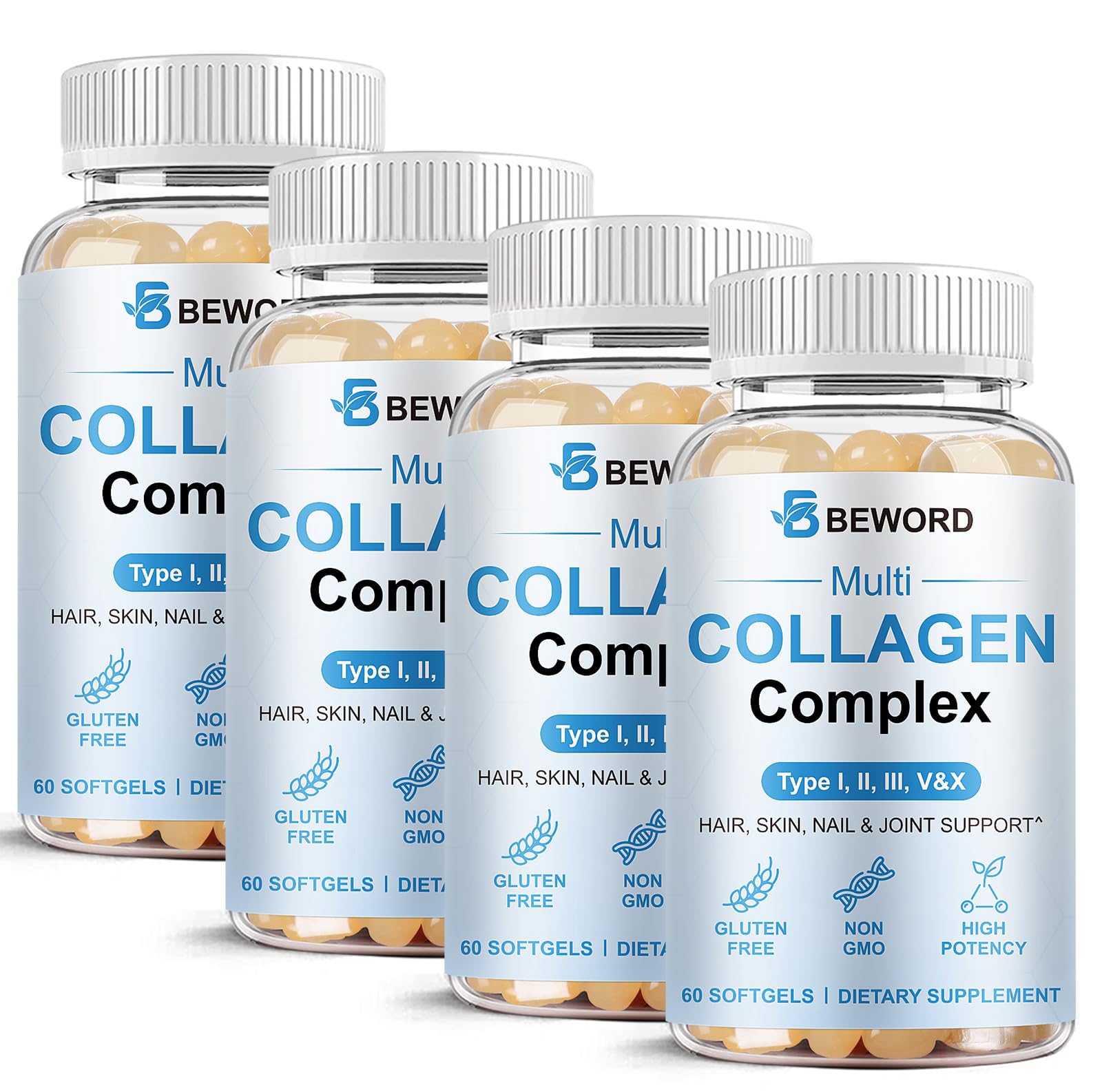 BEWORD Multi Collagen Softgels bottle with 240 capsules in a 4-pack