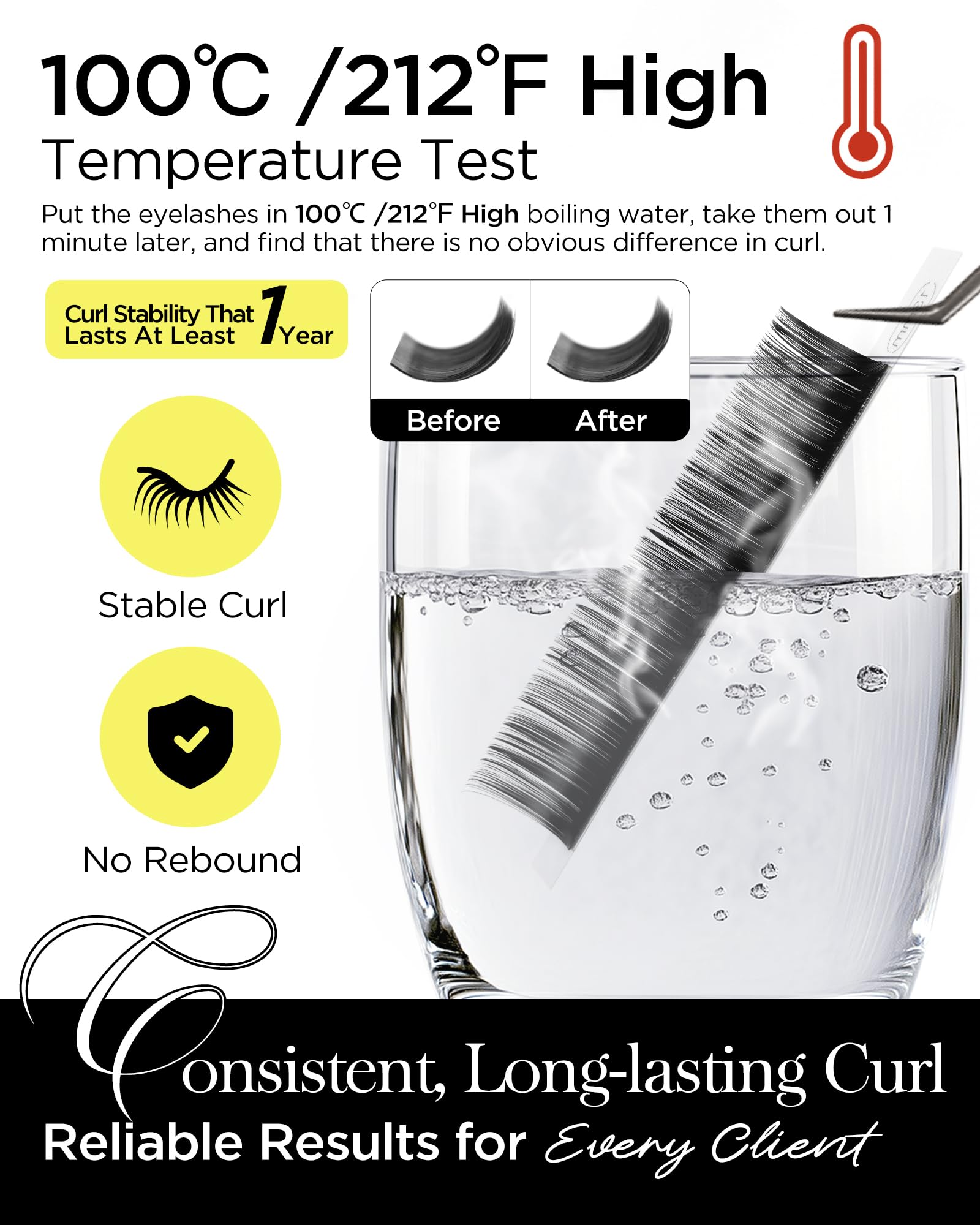 BEYELIAN NeverFlat curl stability demonstrates durable curl under heat.
