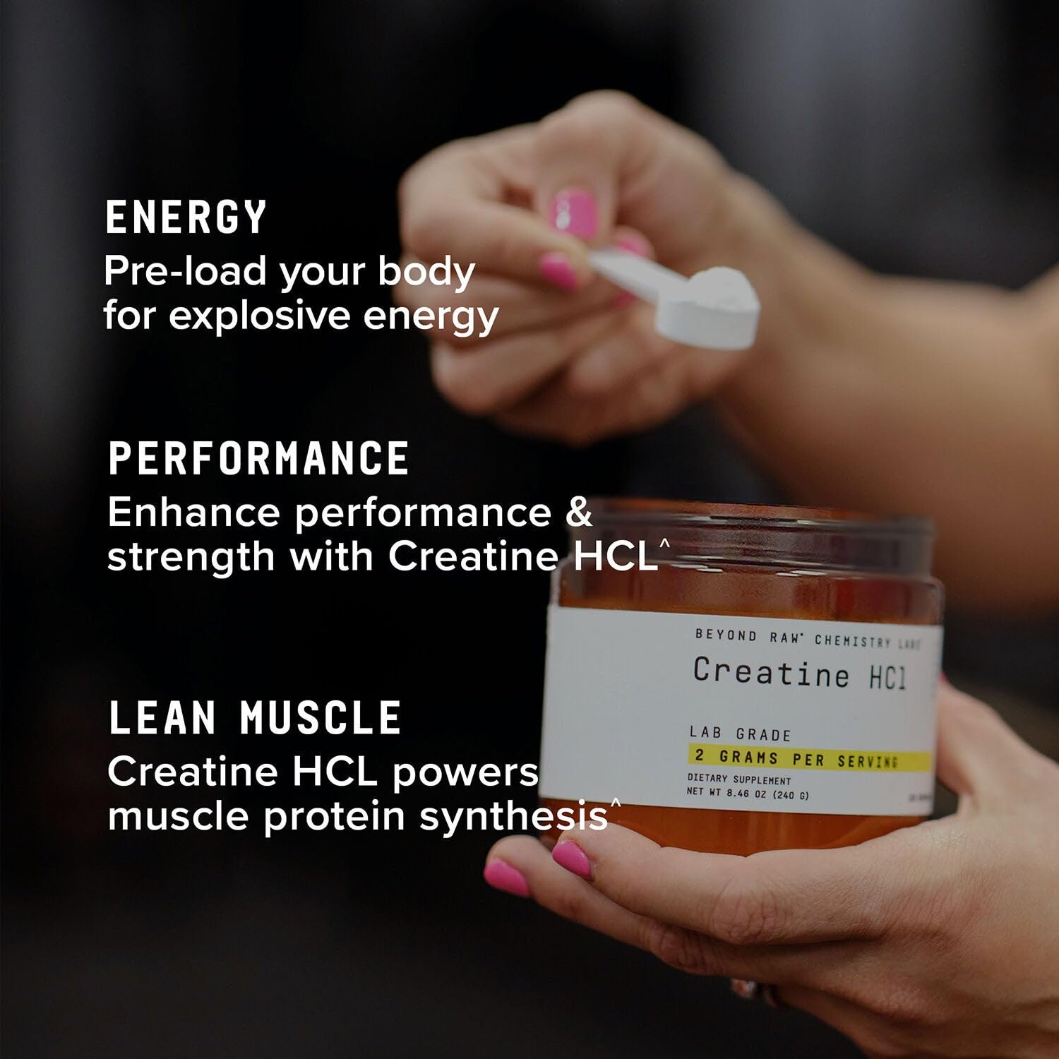 Beyond Raw Creatine HCl powder being poured into a glass before a workout.