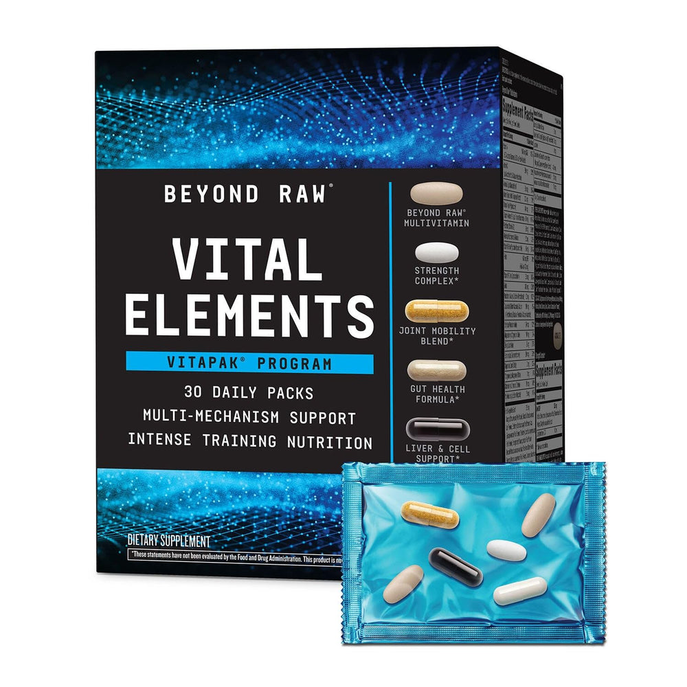 BEYOND RAW Vital Elements Vitapak Program packaging with capsules