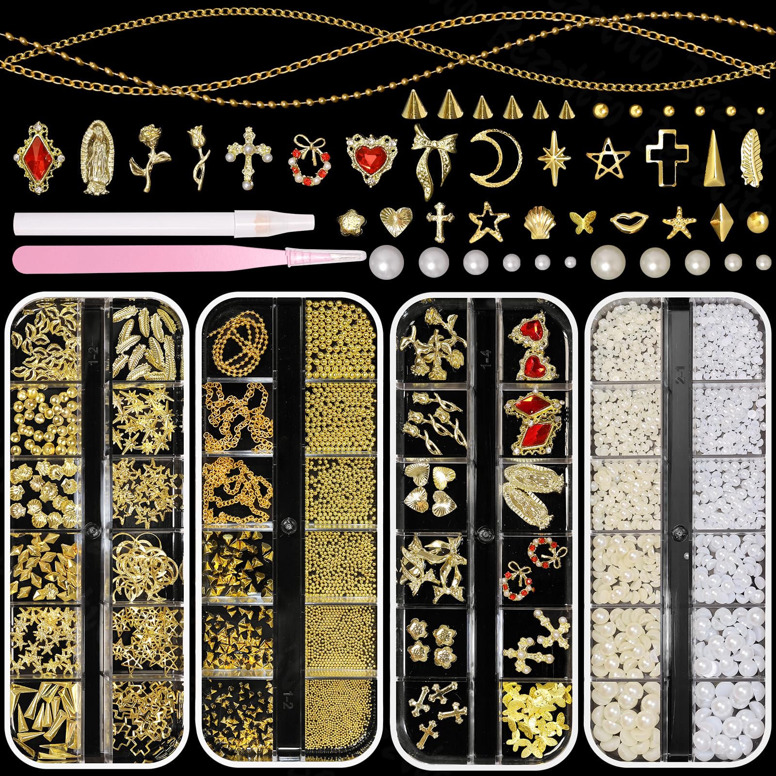 Bezztito four-box gold nail charms kit for versatile DIY manicures.