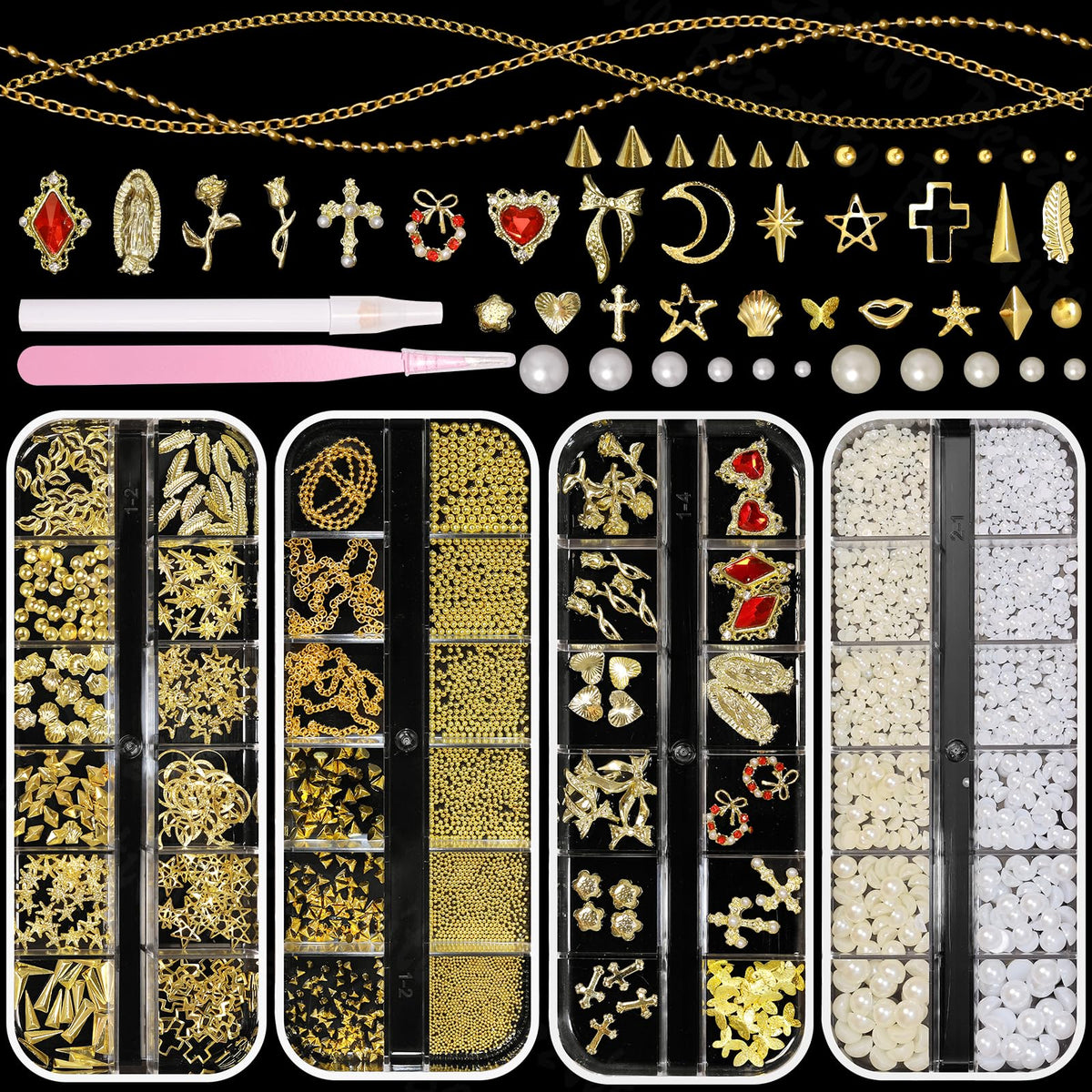 Bezztito four-box gold nail charms kit for versatile DIY manicures.