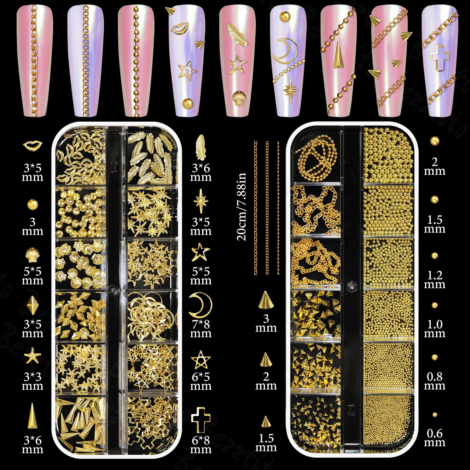 Bezztito gold bows and cross charms for elegant 3D nail art.