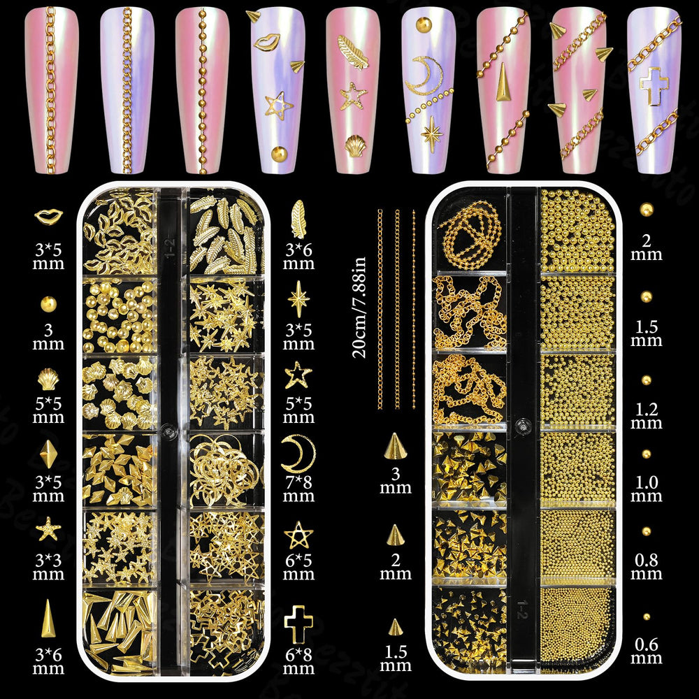 Bezztito gold bows and cross charms for elegant 3D nail art.
