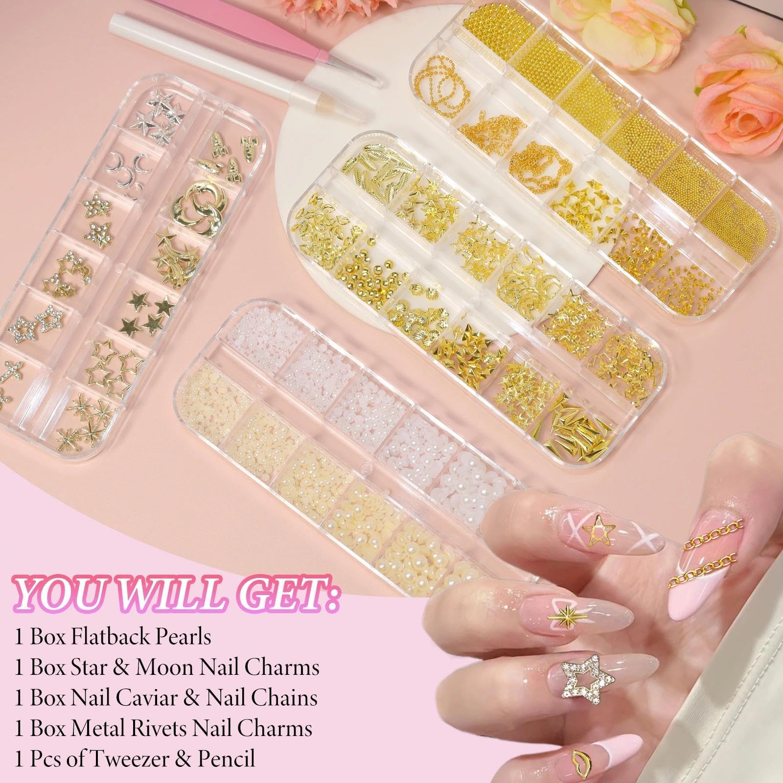 Bezztito starburst star moon alloy studs for dimensional nail accents