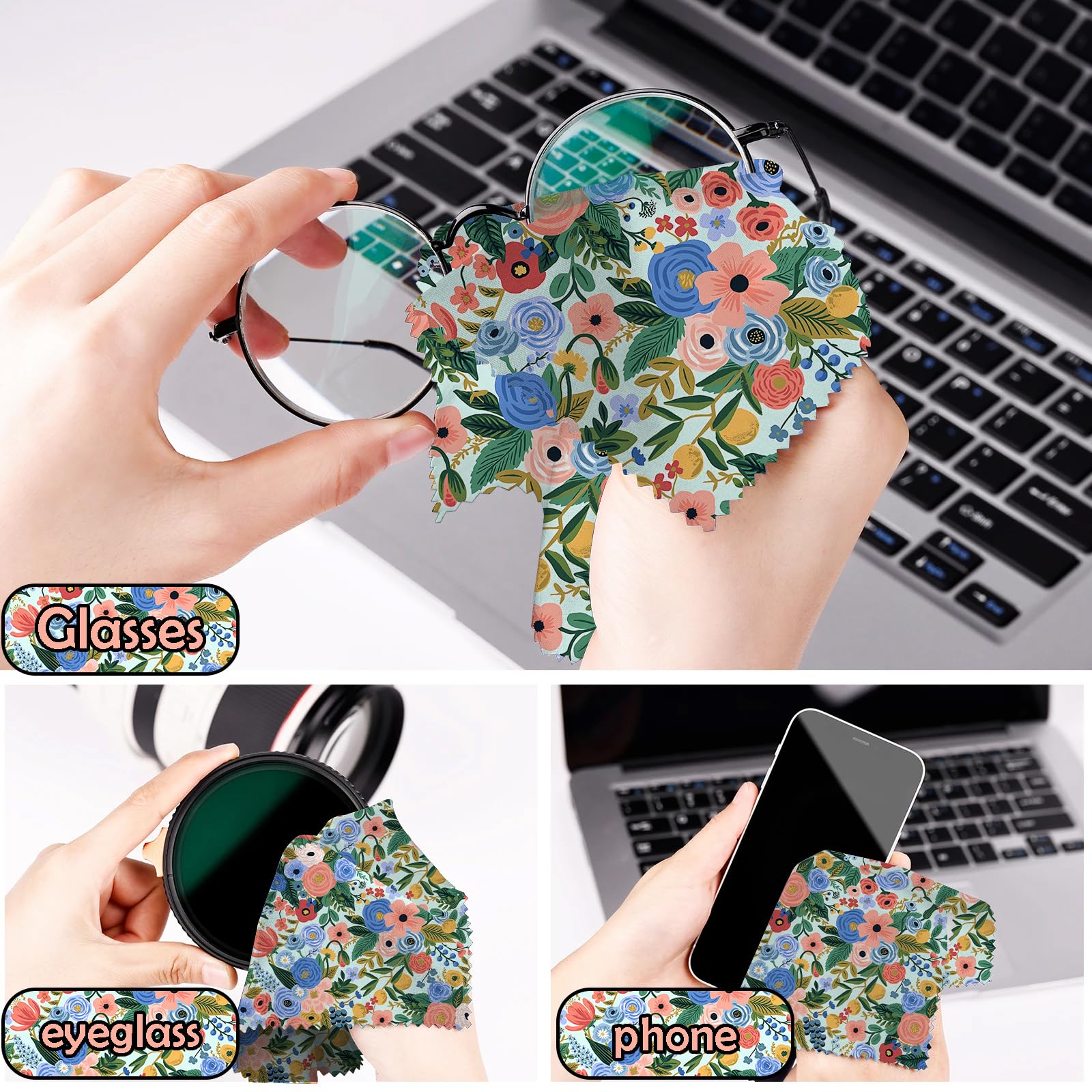 Cloths being used to clean eyeglasses and camera lens
