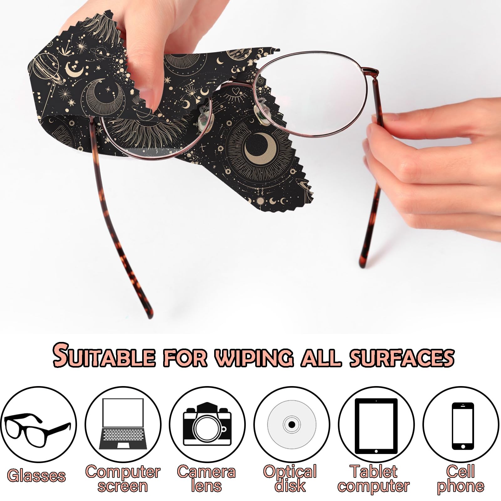 Soft microfiber lens cloth measuring 6.3 x 6.3 inches