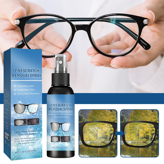 Hands applying lens scratch remover spray to eyeglasses