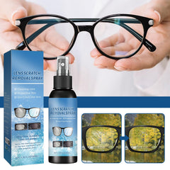 Hands applying lens scratch remover spray to eyeglasses
