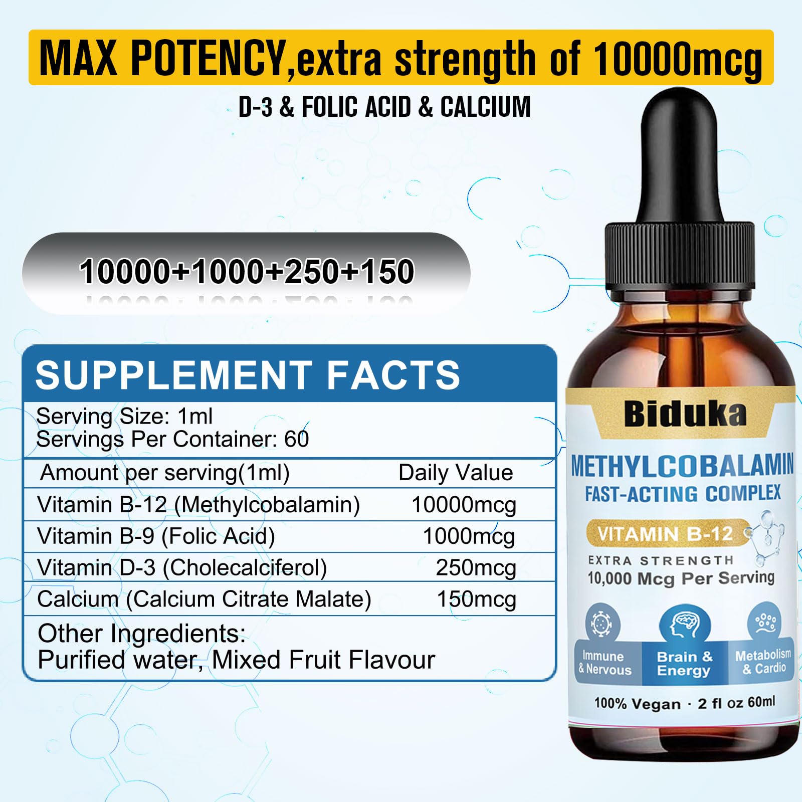 Front view of Biduka B12 Sublingual Drops bottle showing B12 10,000 mcg
