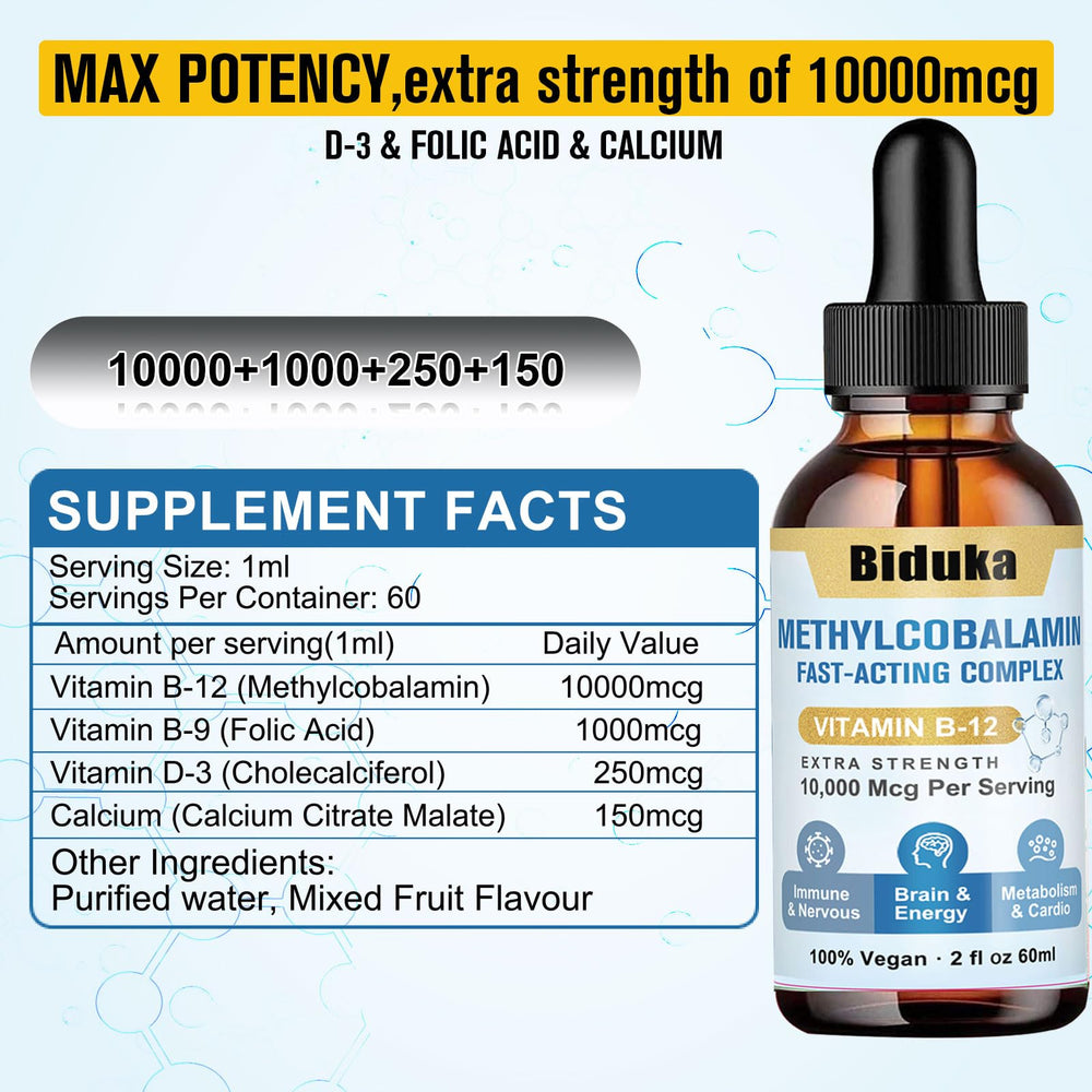 Front view of Biduka B12 Sublingual Drops bottle showing B12 10,000 mcg
