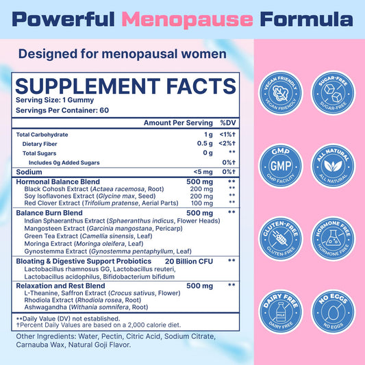 Biegeos menopause gummies closeup highlighting sugar-free chew and easy daily use.