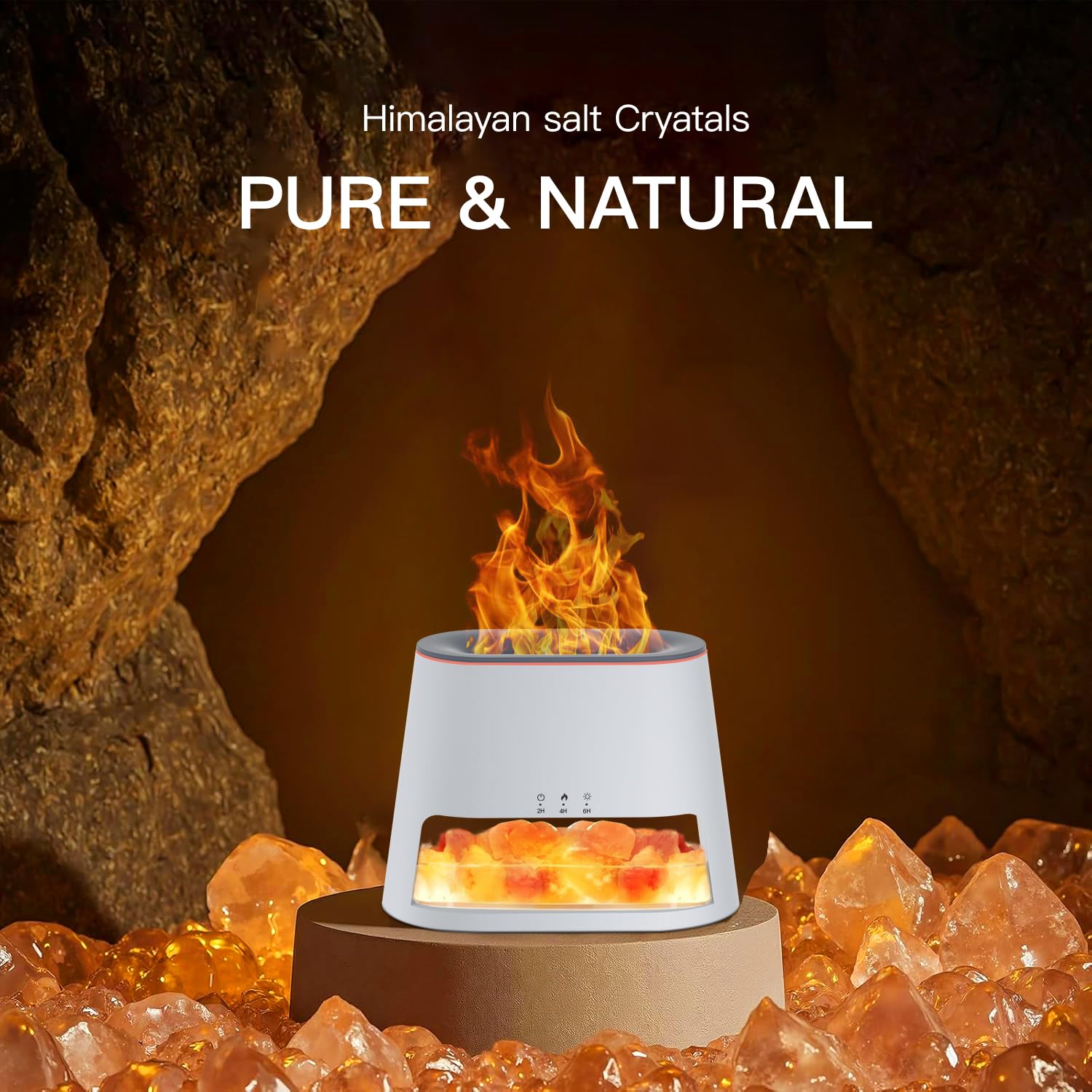 Close-up of Himalayan pink salt crystals in the lamp