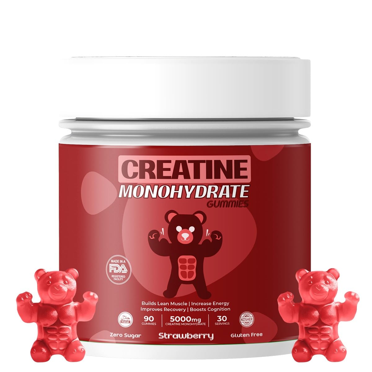 Front view of Big Bear Bites Creatine Monohydrate Gummies bottle (strawberry flavor).