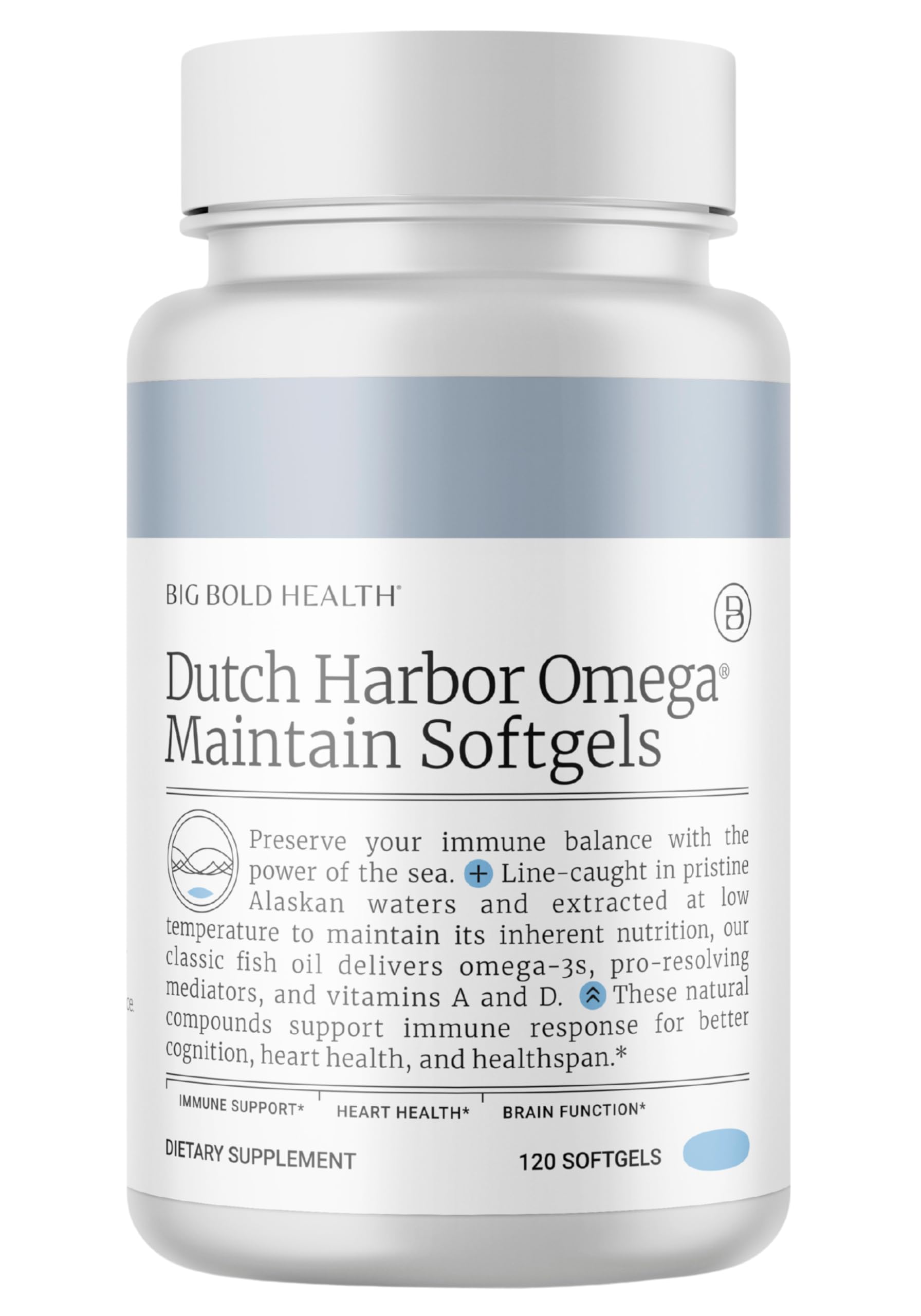 Big Bold Health Dutch Harbor Omega Maintain softgels bottle showing premium omega-3 for daily wellness.