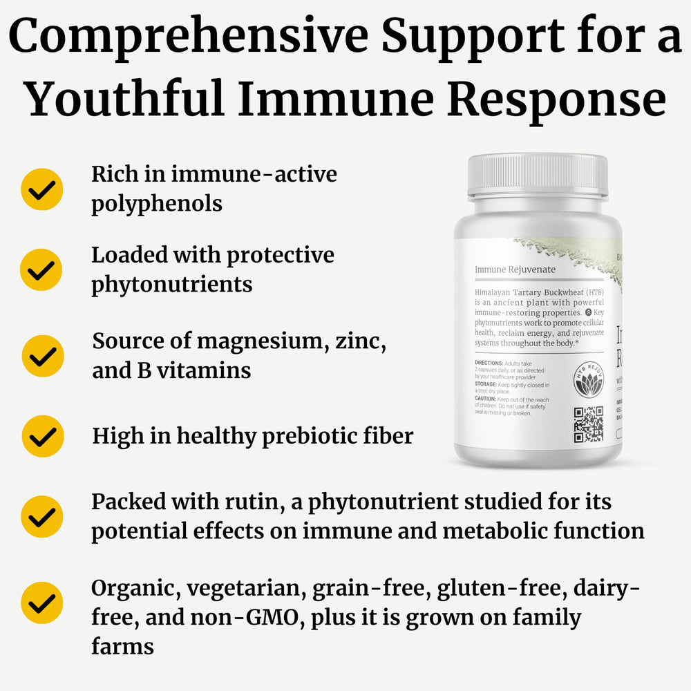 HTB Immune Rejuvenate label shows gluten-free and non-GMO quality for transparent ingredients.