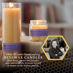 Big Dipper Wax Works beeswax candle closeup highlighting pure beeswax and cotton wick