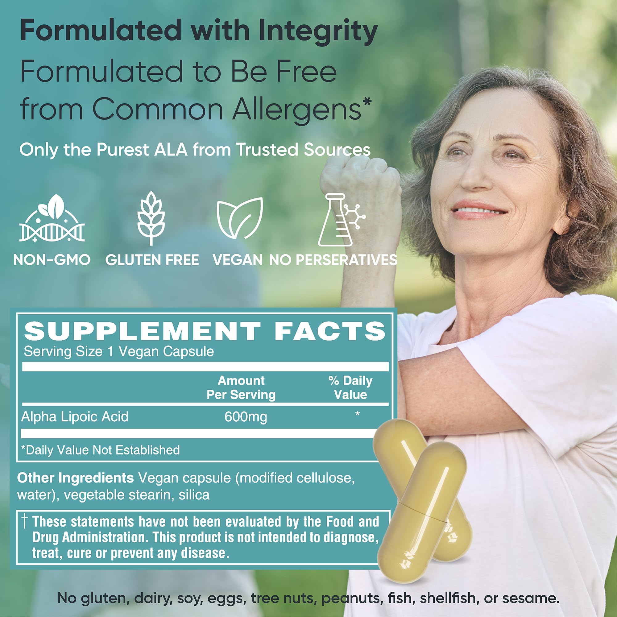 Close-up of Alpha-Lipoic Acid 600 mg bottle label