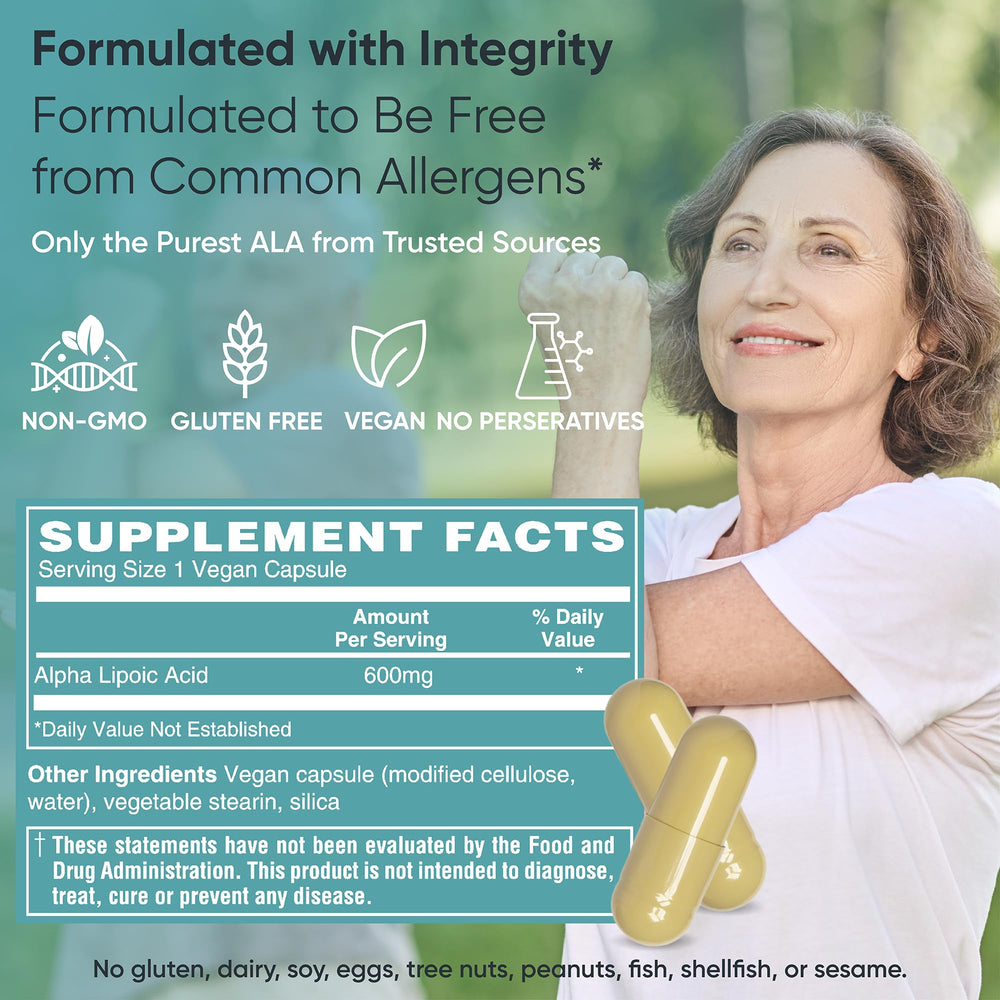 Close-up of Alpha-Lipoic Acid 600 mg bottle label