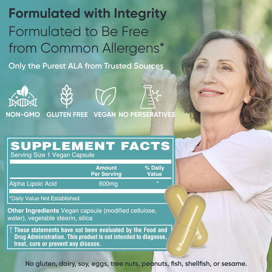 Close-up of Alpha-Lipoic Acid 600 mg bottle label