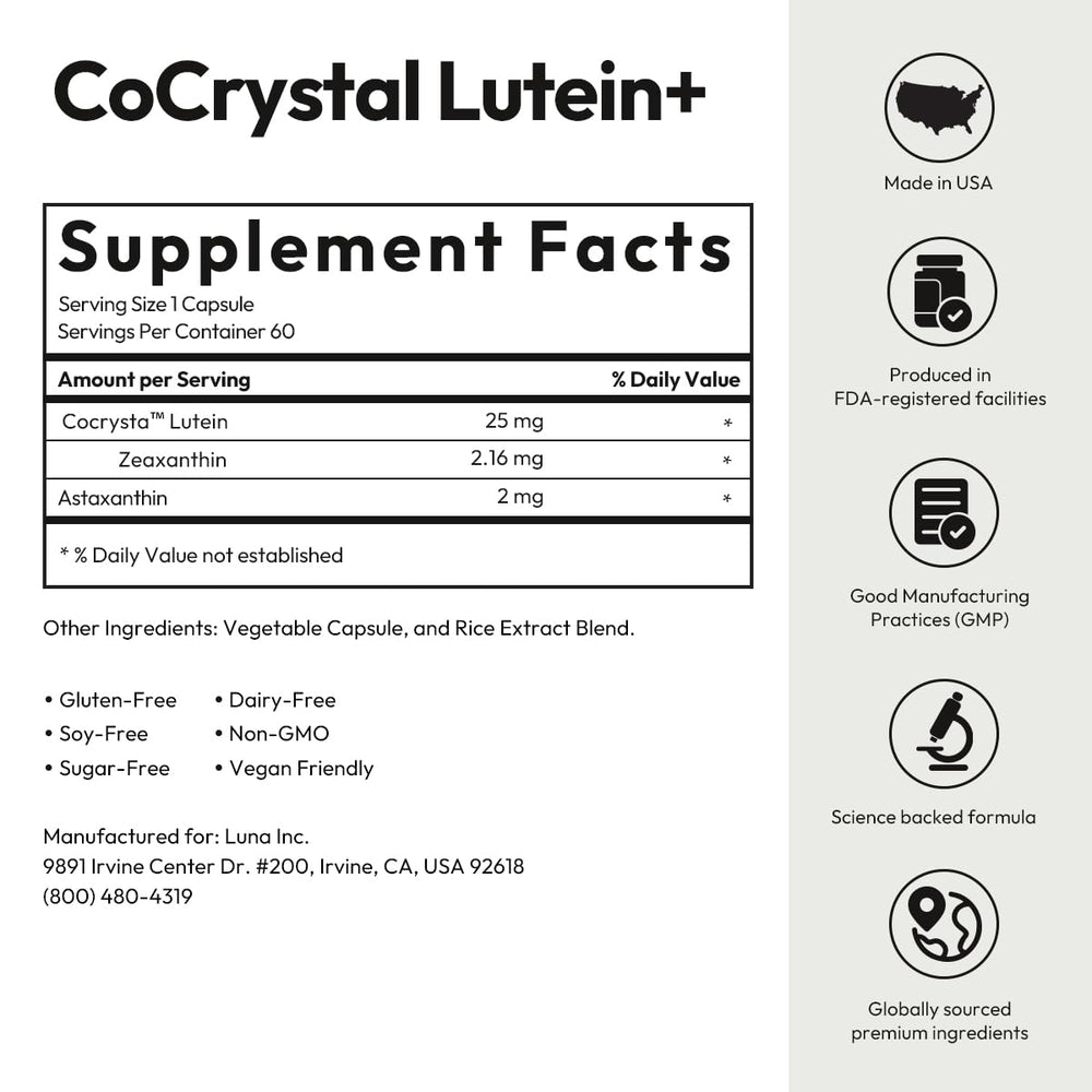 Ingredients and purity close-up for CoCrystal Lutein+