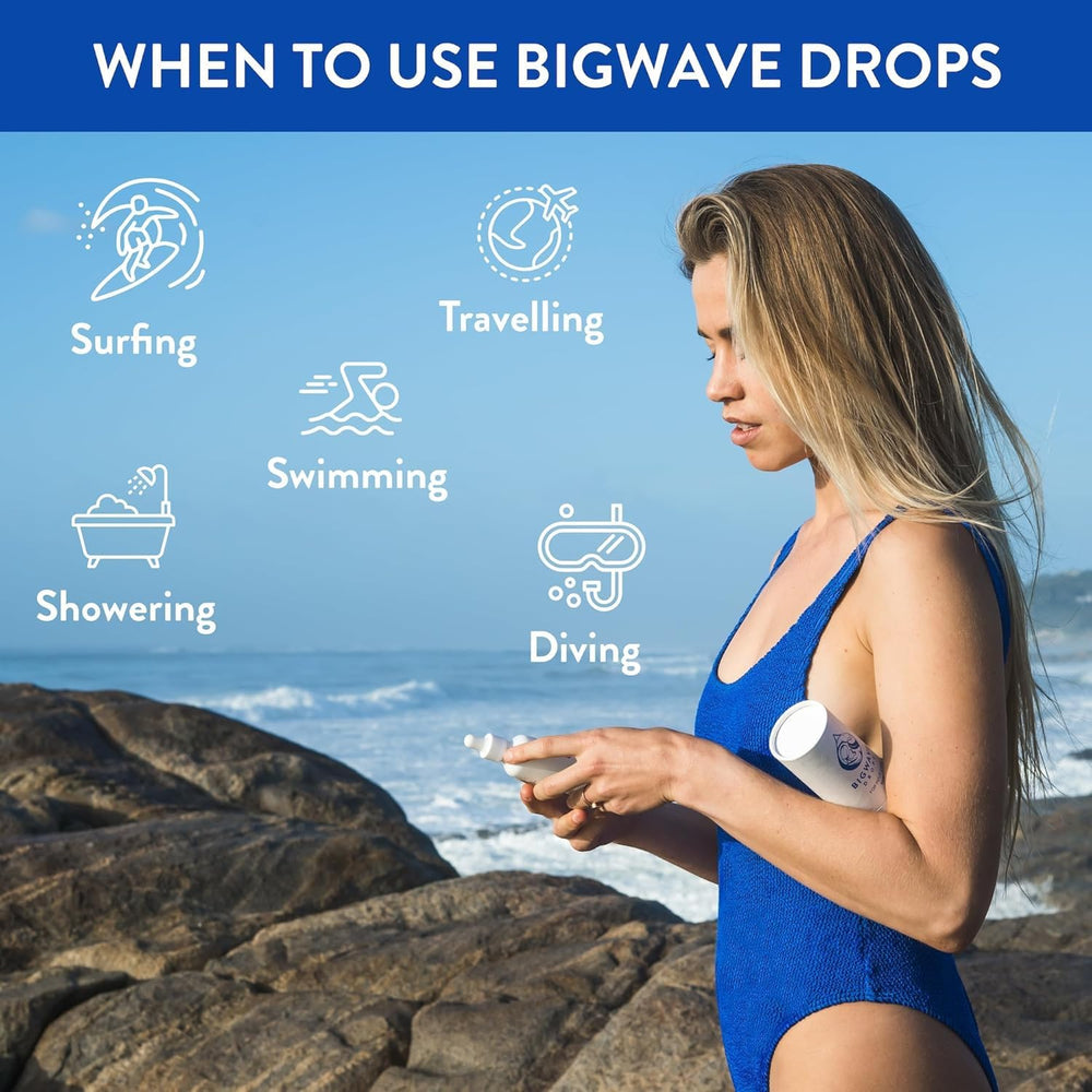 BigWave Drops 2oz glass bottle emphasizes generous volume and eco-conscious packaging