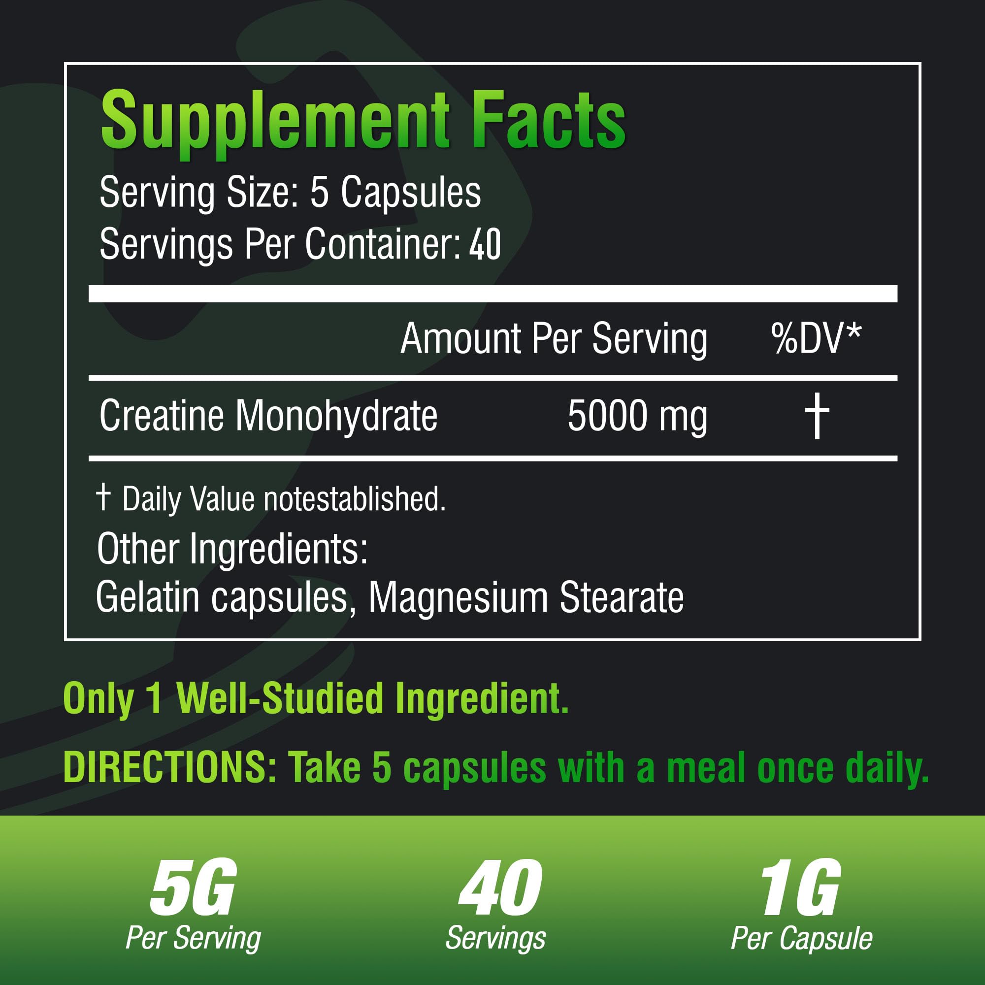 Close-up of 5000mg creatine monohydrate capsules