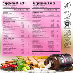 Ingredients label showing Akkermansia probiotics, hops, and green tea extract
