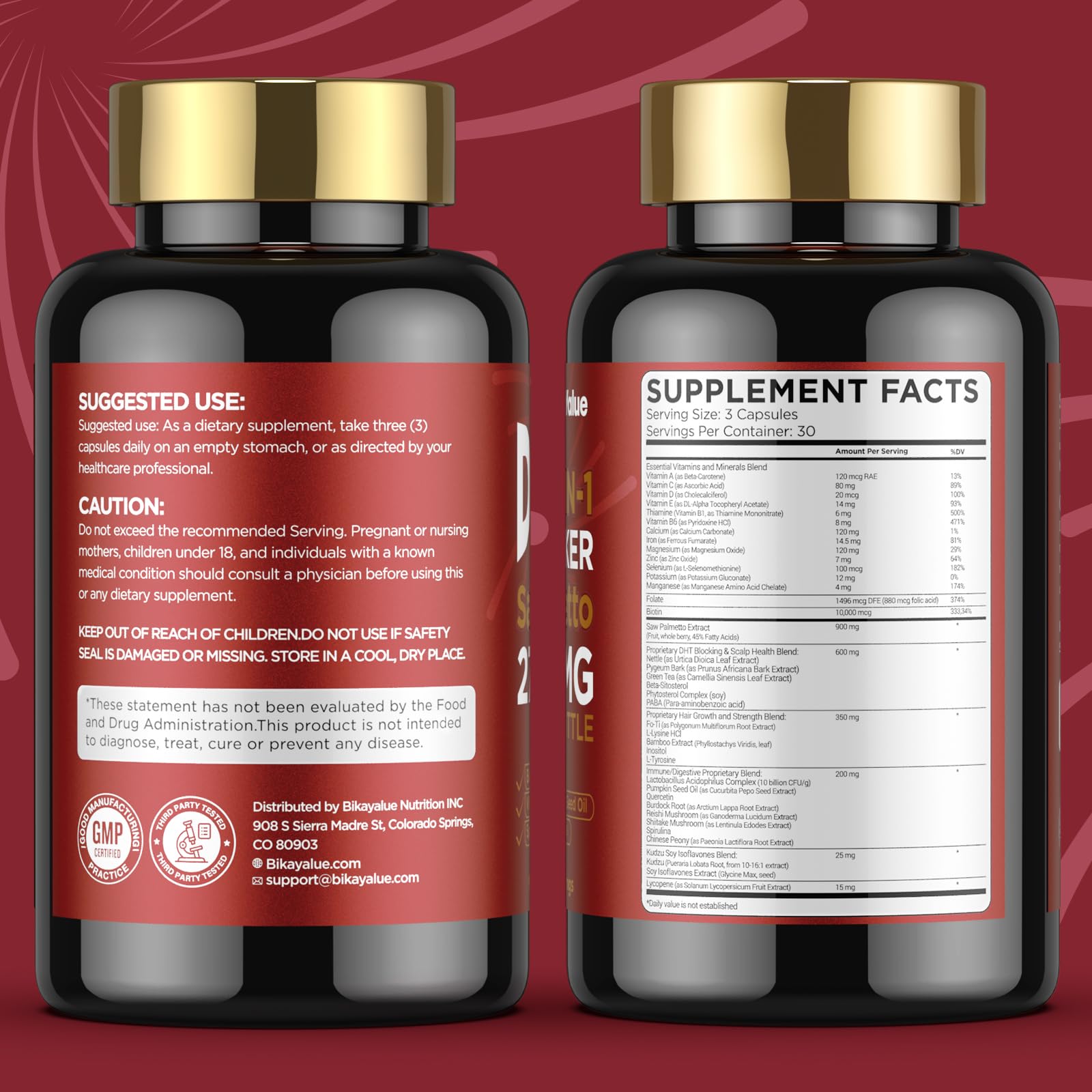 Seal indicating GMP-certified manufacturing and third-party testing.