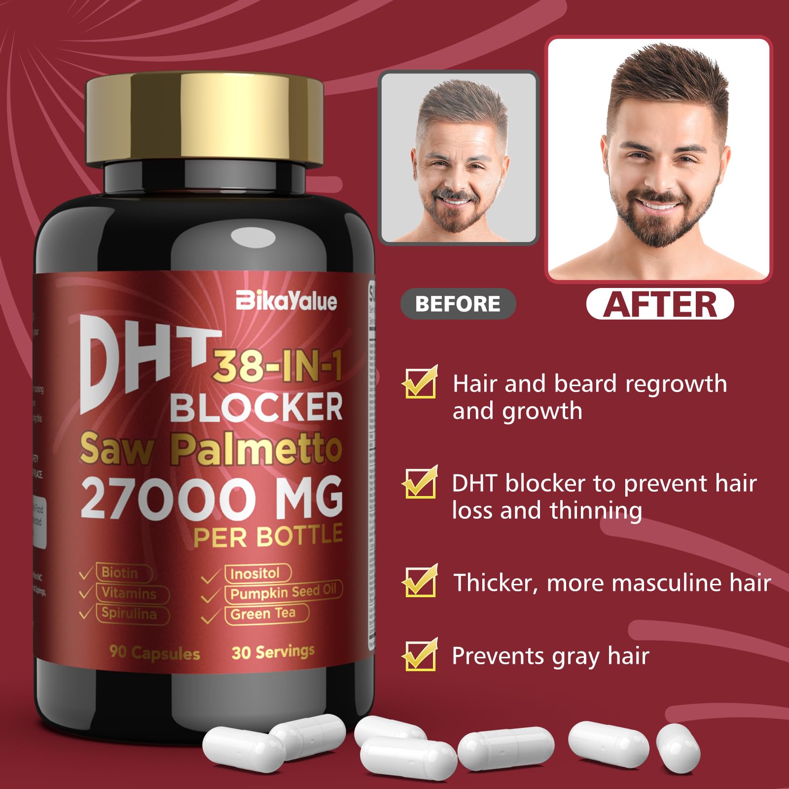 Ingredients supporting prostate health: pumpkin seed oil, lycopene, and vitamin D3.