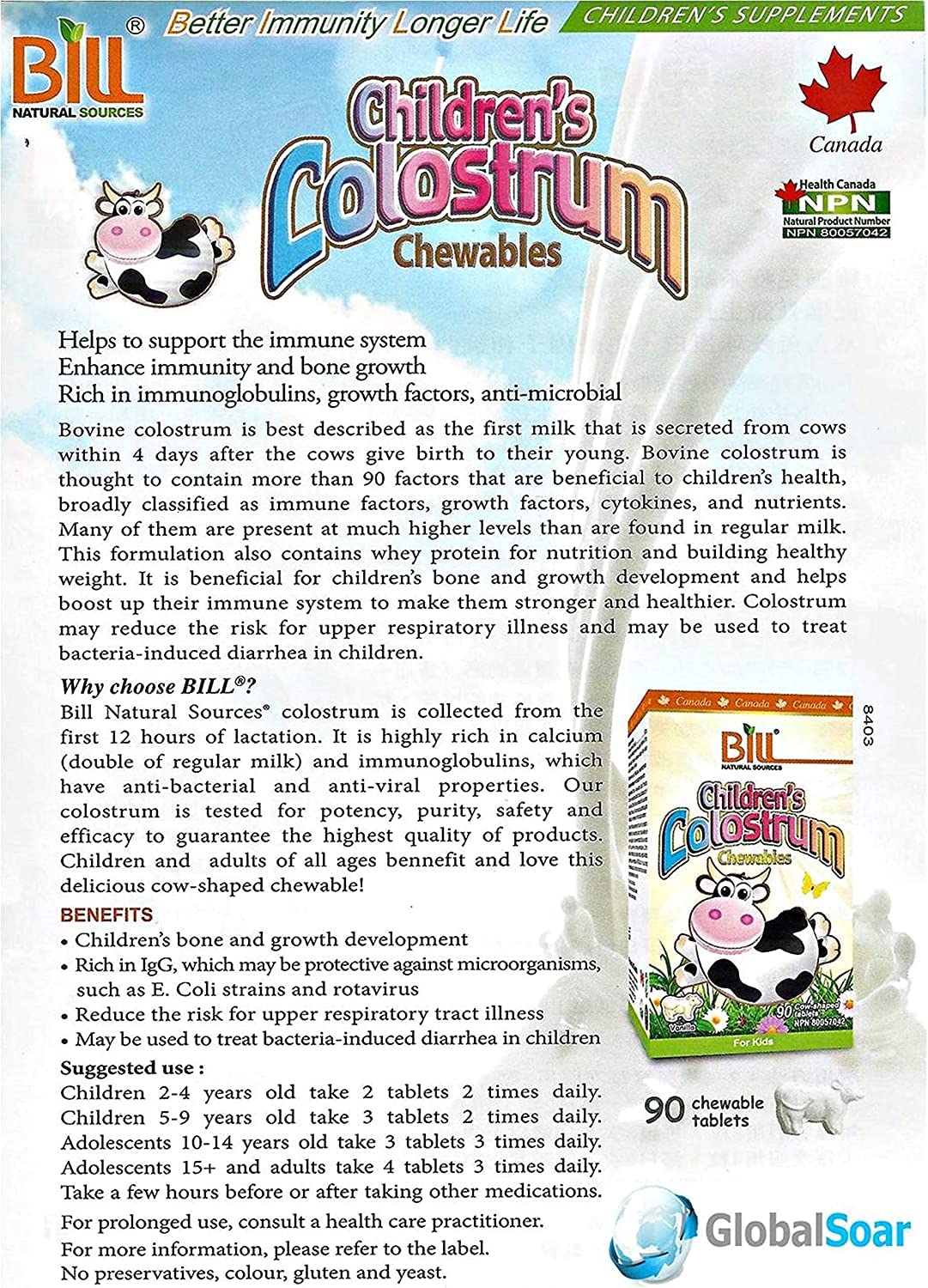 Nutrition facts panel for Bill Beauty Children's Colostrum Chewables