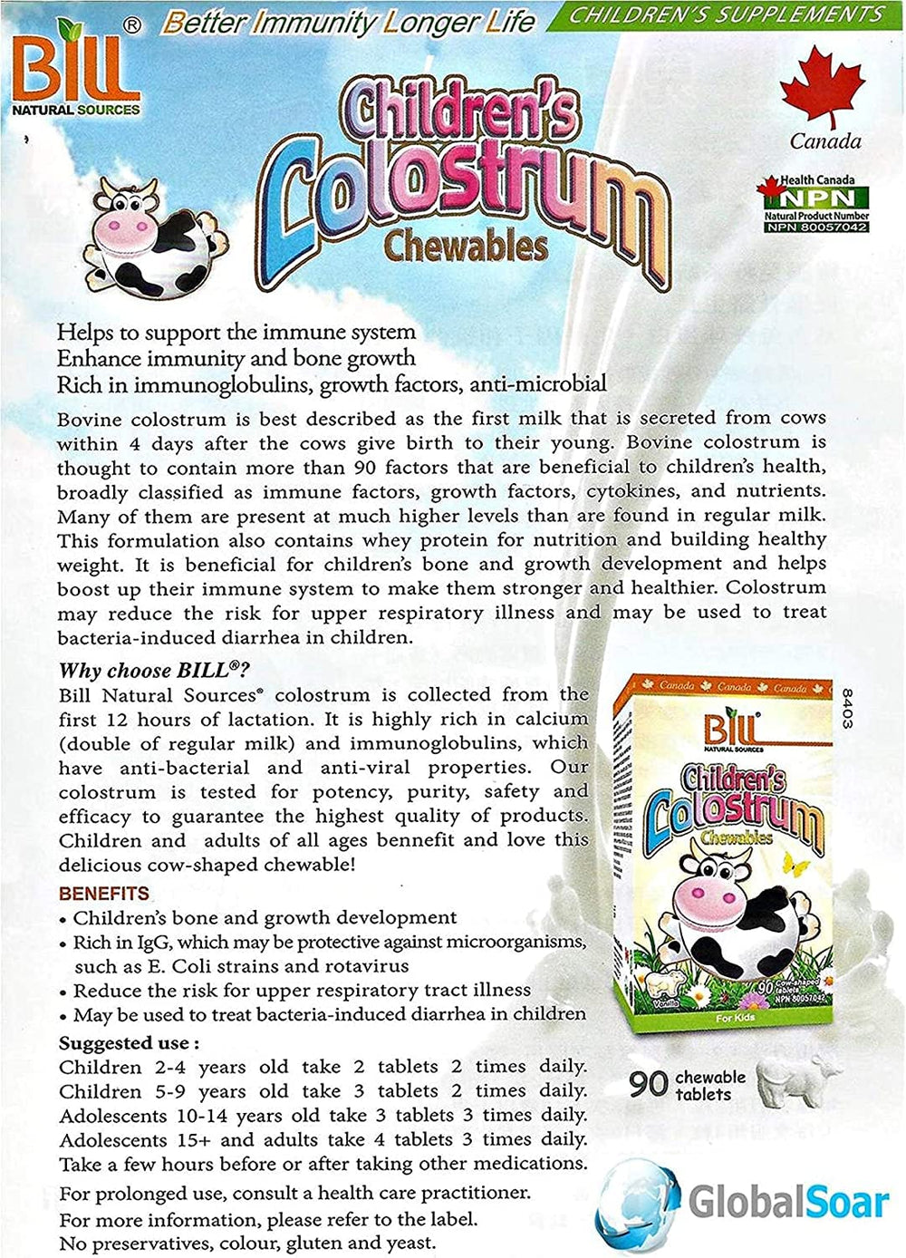 Nutrition facts panel for Bill Beauty Children's Colostrum Chewables