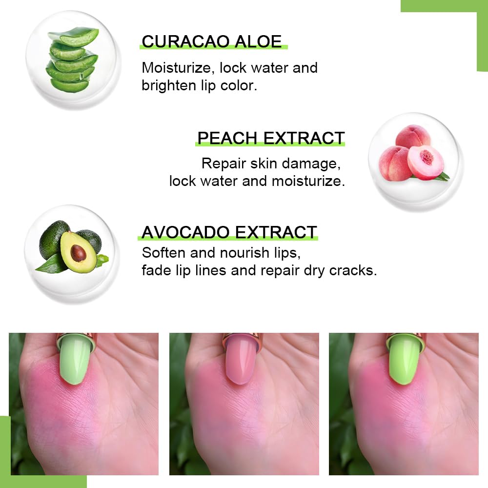BINGBRUSH Aloe vera color-changing lipstick swatches show multi-tone shade in action.