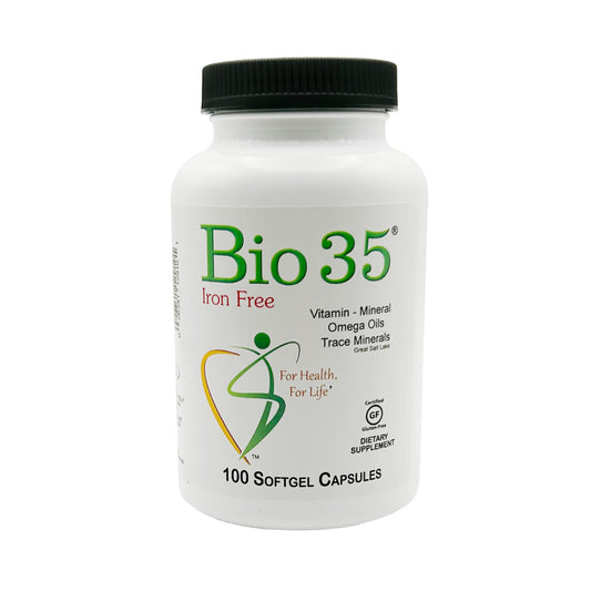 Bio-35 bottle label highlighting iron, gluten-free and soy-free