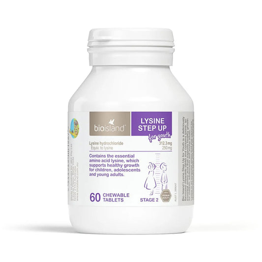 Bio Island Lysine Step Up for Youth 60 chewable tablets bottle with blackcurrant flavour
