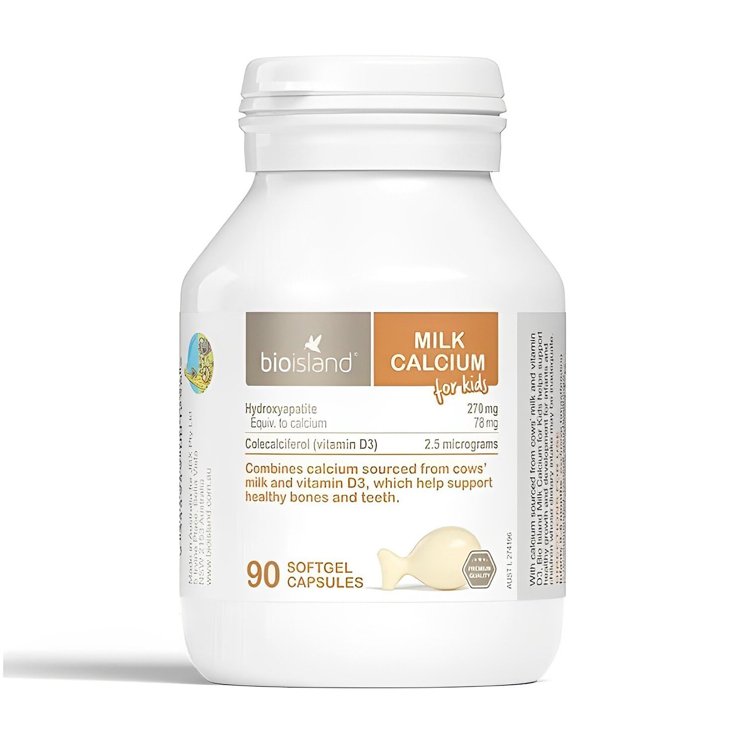 Bottle of Bio Island Milk Calcium for Kids 90 Capsules packaging