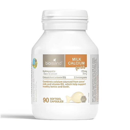 Bottle of Bio Island Milk Calcium for Kids 90 Capsules packaging