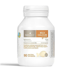 Bottle of Bio Island Milk Calcium for Kids 90 Capsules packaging