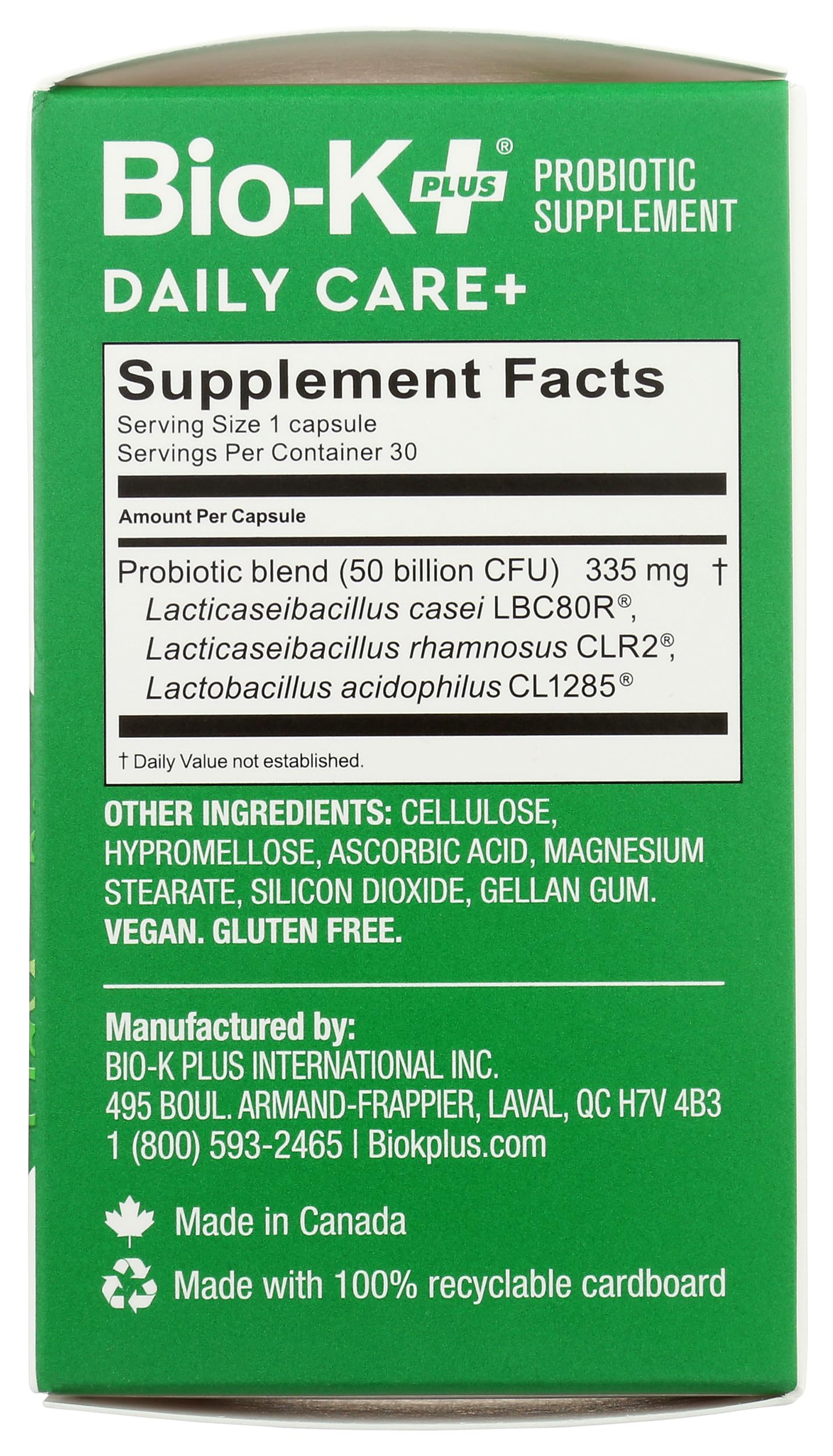 Back of Bio-K Plus Dailycare bottle showing instructions