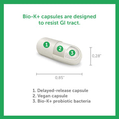 Bio-K Plus probiotic bottle in the fridge hinting freshness.