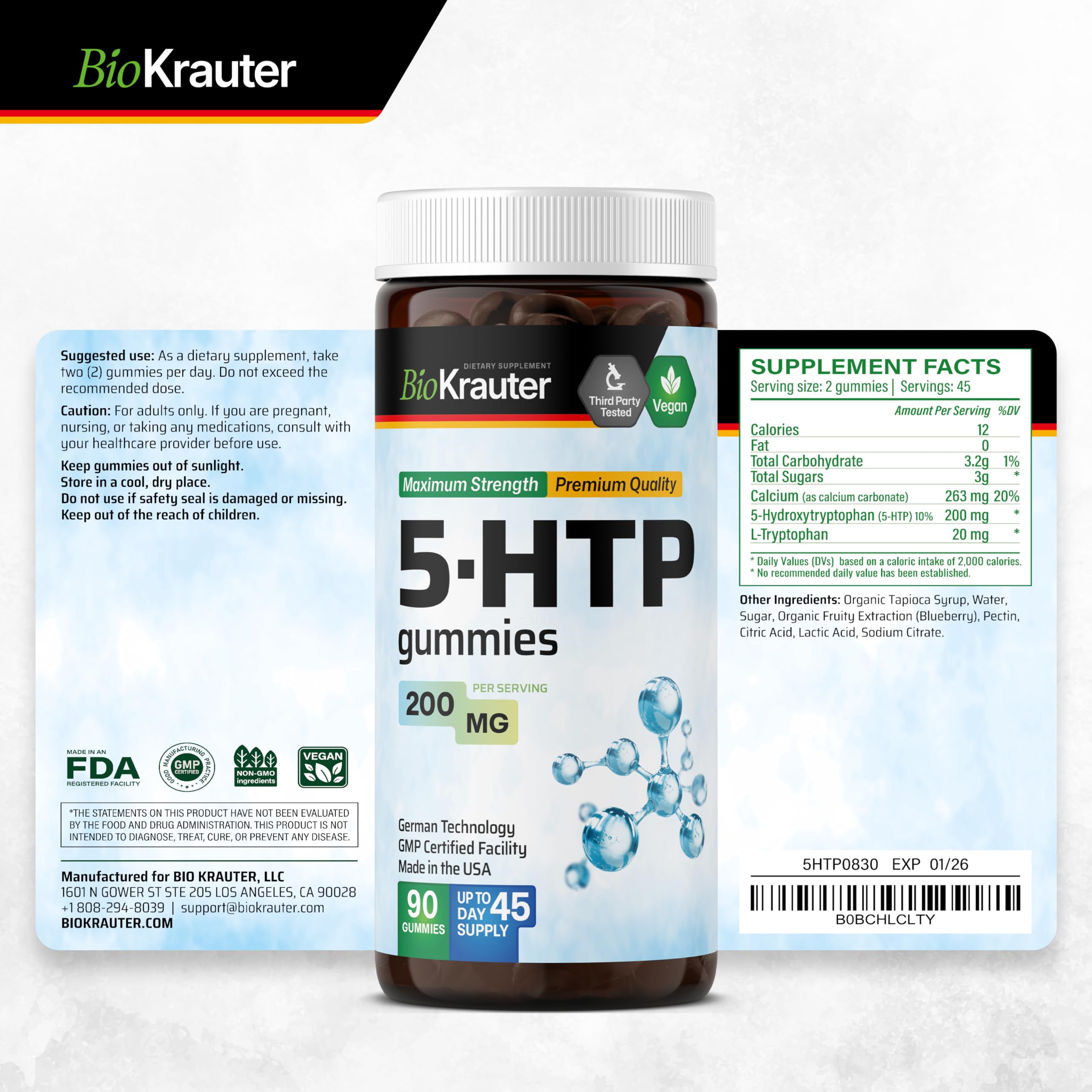90-count bottle packaging of BioKrauter 5-HTP gummies